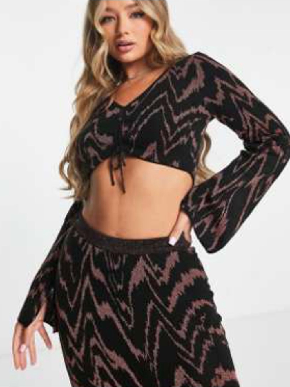 ASOS Black & Mauve Zigzag Knit Crop Top and Skirt Set